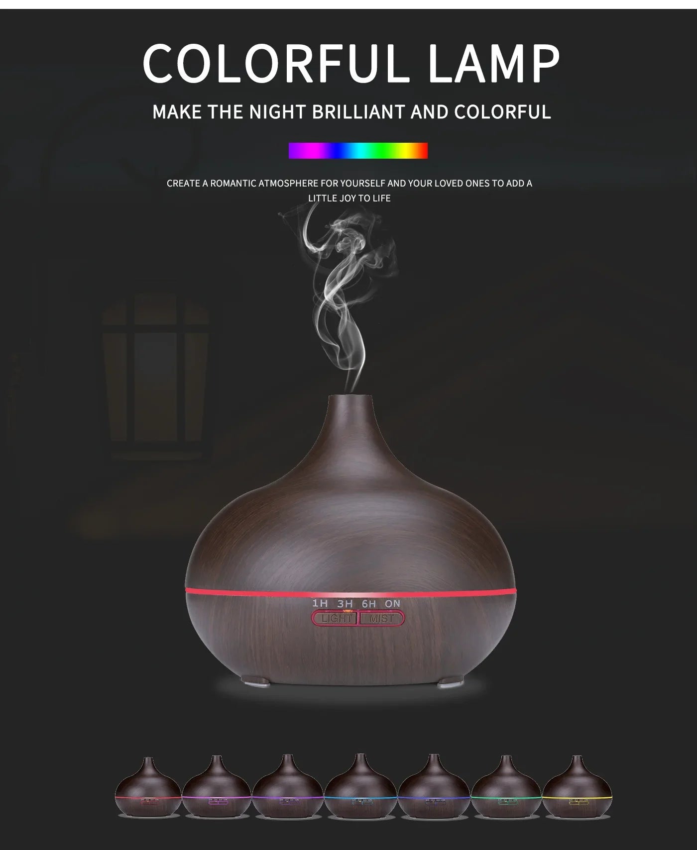 500ml Air Humidifier Aromatherapy Essential Oil Diffuser Wood Grain Ultrasonic Remote Control 7 Color Lights For Home Bedroom