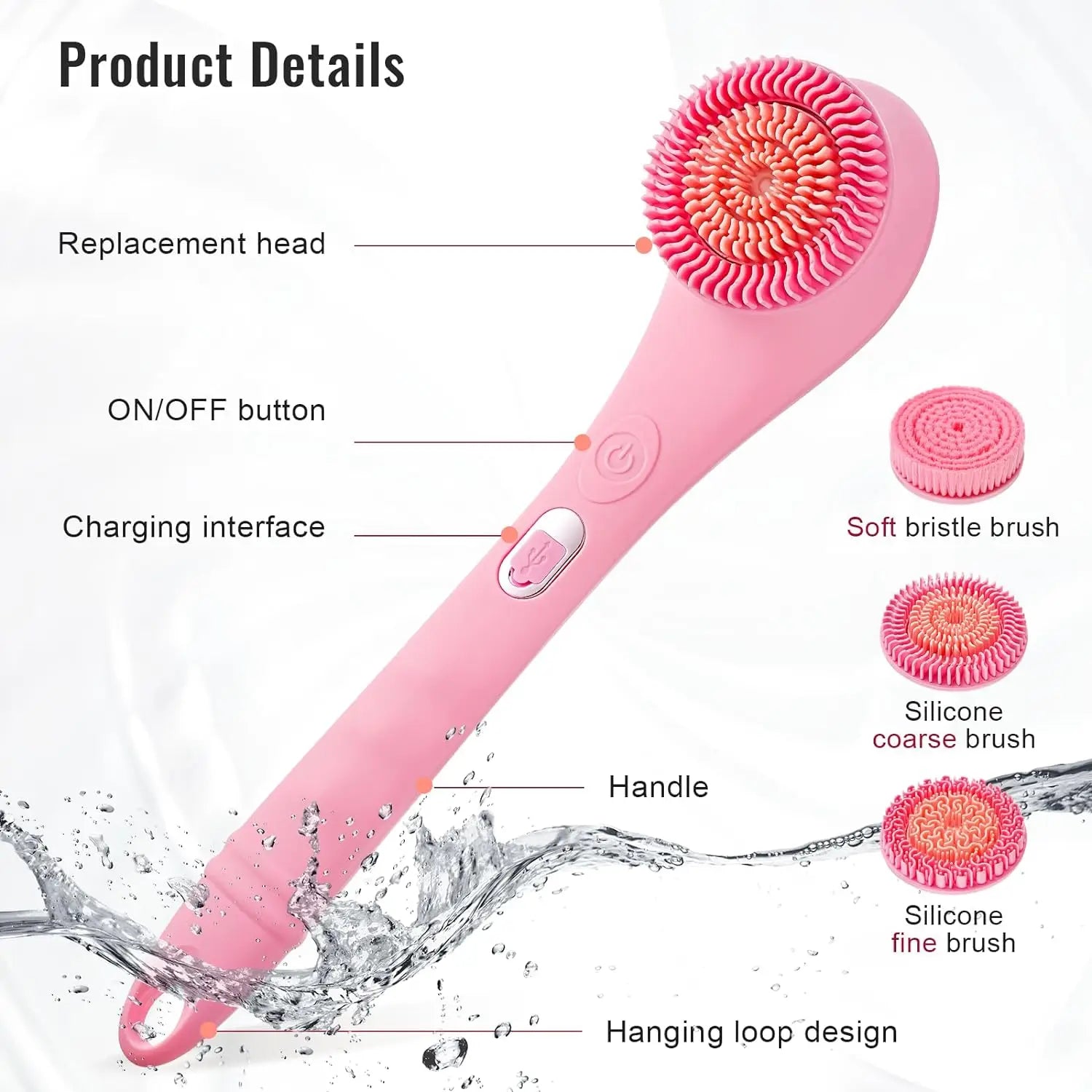 Electric Shower Brush Set for Whole Body Cleaning Back Scrubber 3 Cleaning Heads 2 Speeds Bathing Brush Massage Exfoliator Brush