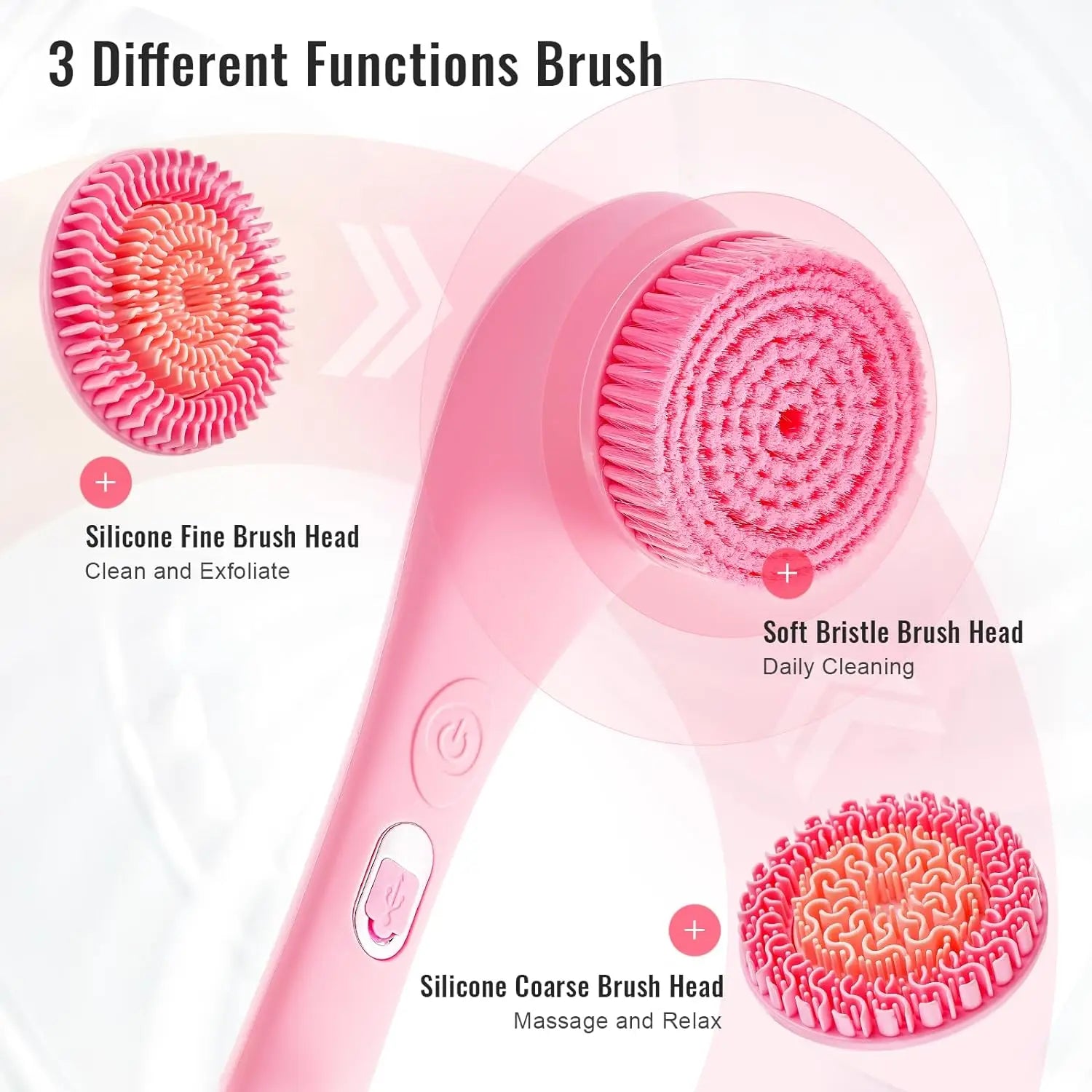 Electric Shower Brush Set for Whole Body Cleaning Back Scrubber 3 Cleaning Heads 2 Speeds Bathing Brush Massage Exfoliator Brush