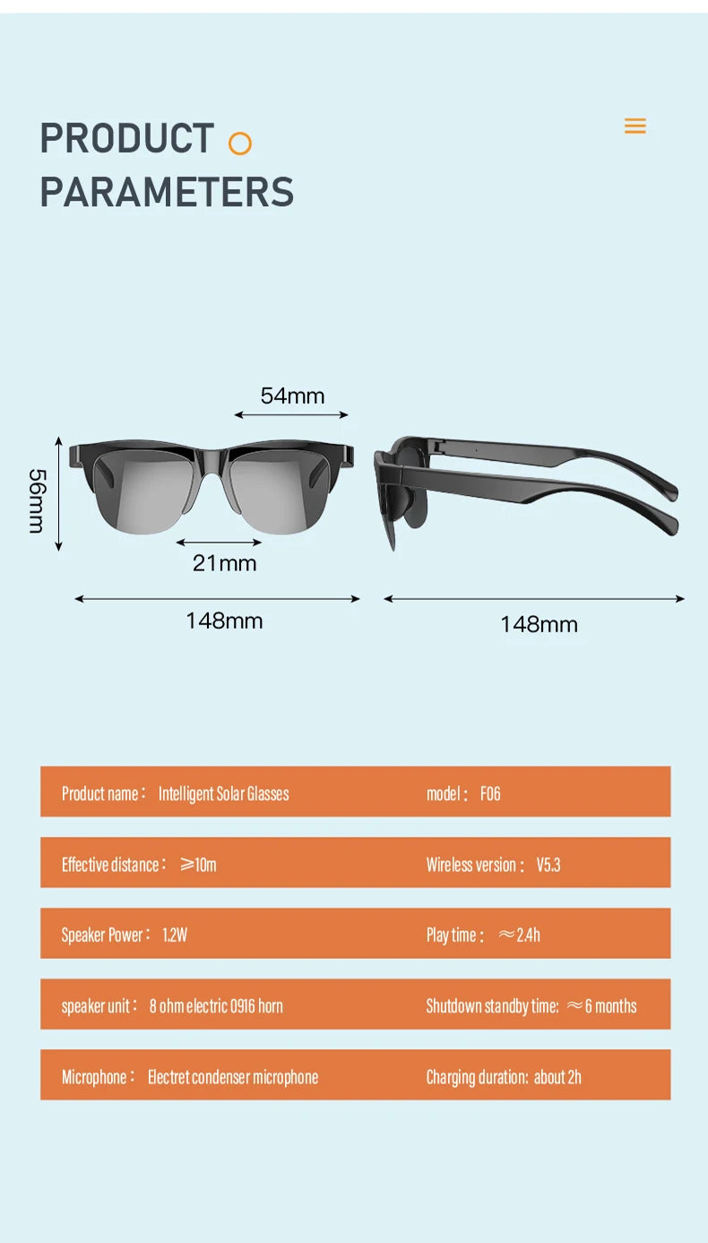 F06 Connected Bezel IP4 Waterproof Parasol Wireless Stereo Android Glasses With Bluetooth Headphones Sport Electric Scooter Men